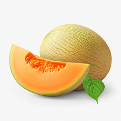 Whole juicy sweet ripe delicious melon and cut piece isolated on white background close up side view. AI Generation