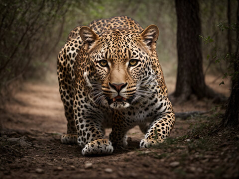 A leopard preparing to hunt a prey