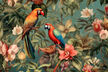 Lush wallpapers, vibrant tropical foliage, birds, butterflies in vintage landscape. Generative AI