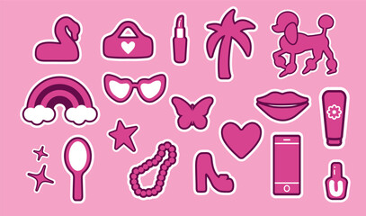 Popular pink collection for girls. heart, rainbow, star, lipstick, rainbow, dog, phone. logo, sticker, individual elements on a pink background. for print, banner. vector art illustration. barbie