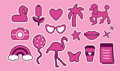 Popular pink collection for girls. heart, rainbow, star, palm tree, rainbow, dog, flower. logo, sticker, individual elements on a pink background. for print, banner. vector art illustration. barbie