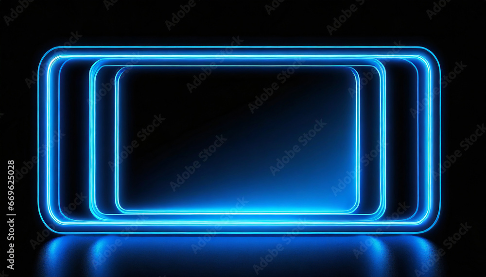 Poster square rectangle picture frame with blue tone neon color motion graphic on isolated black background