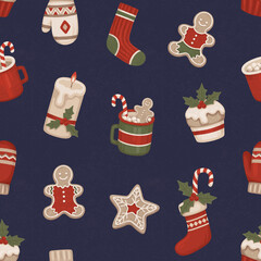 Christmas seamless pattern. Christmas decorations, dessers and drinks. Perfect for wrapping paper, packaging design, seasonal home textile, greeting cards and other printed goods