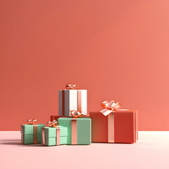 Minimal pink/terracotta/white background with pink, red and green gift wrapped boxes, stage for product design. Christmas themed. Generative AI - obrazy, fototapety, plakaty