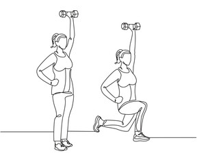 Forward lunge to overhead press exercise Line Drawing isolated on copy space white background, Dumbbell Lunge to Overhead Press exercise editable vector illustration, Continuous one line drawing art