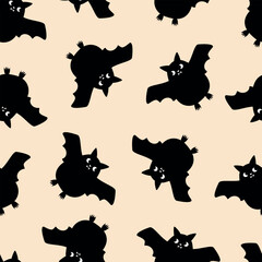 Cute black vampire bat hand drawn vector illustration. Halloween party seamless pattern for kids home decor, fabric or wallpaper.