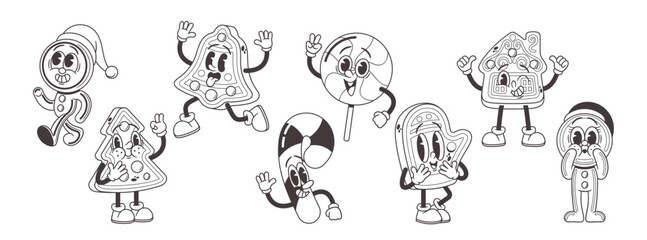 Fototapeta premium Black and White Retro Christmas Sweets Cartoon Characters. Nostalgic Gingerbread Man, Candy Cane, And Lollipop