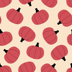 Red autumn pumpkins hand drawn vector illustration.Vegetable seamless pattern for home decor, wallpaper or fabric. Cute October Halloween background.