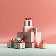 Minimal pink/terracotta/white background with pink, red and green gift wrapped boxes, stage for product design. Christmas themed. Generative AI