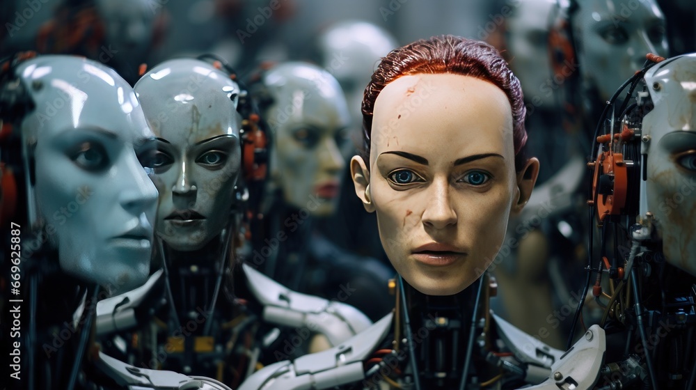 Poster group of robots in a laboratory, robots waiting for repairs, robot technology