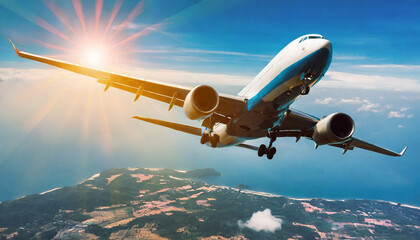 Airplane flying in the air with sunlight shining in blue sky background. Travel journey and...