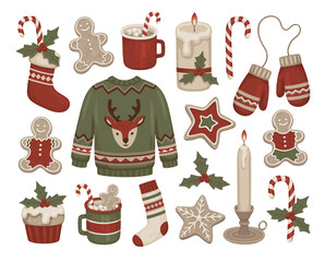 Hand-drawn illustrations of Christmas decorations, clothes, drinks and desserts. Perfect for stickers, wrapping paper, packaging design, seasonal home textile, greeting cards and other printed goods