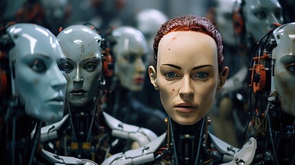 Group of robots in a laboratory, robots waiting for repairs, robot technology