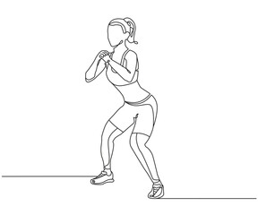 Fototapeta na wymiar Lateral squat walk exercise Line Drawing isolated on copy space white background, Walking Squats exercise editable vector illustration, Continuous one line drawing, work out clip art