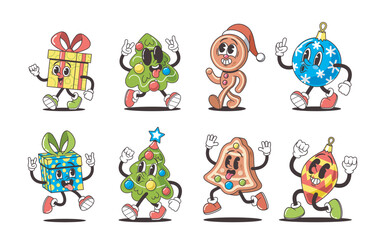 Christmas Retro Groovy Characters Set. Cool Xmas Tree in Sunglasses, Gift Box, Gingerbread Man and House