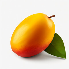 Ripe yellow delicious juicy mango fruit and green leaf isolated on white background. AI Generation.