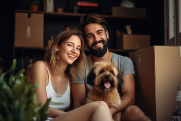 A couple sitting in the living room of a new house after moving in, surrounded by open moving boxes and holding their beloved dog.