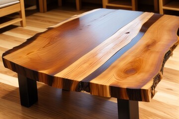 Close up of live edge wooden accent coffee table. AI Generated