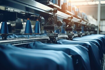 Automatic machinery in a textile manufacturing factory, weaving and sewing fabrics with meticulous accuracy, taken during the textile production process.