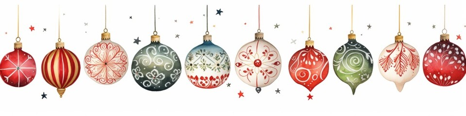 Banner with Christmas balls drawing in naive art style on white background