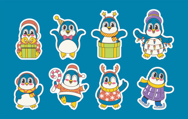 Set of Stickers Holiday Christmas Retro Style Penguins. Dapper Birds Bring Vintage Charm To Festive Celebrations