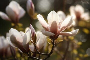 Close up of blossoming magnolia flowers. Generative AI