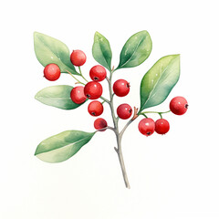 SCANDI - Watercolour Collection { No4 } - Christmas Mistletoe Collection. Hand Painted Cute Naive Scandinavian Folk Art Xmas  Plant Flower Isolated on White Background. Generative AI