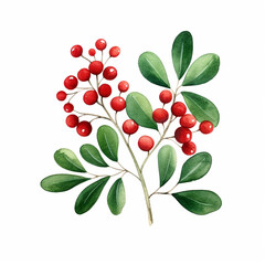 SCANDI - Watercolour Collection { No4 } - Christmas Mistletoe Collection. Hand Painted Cute Naive Scandinavian Folk Art Xmas  Plant Flower Isolated on White Background. Generative AI
