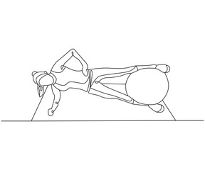Side plank of squeezing a Swiss Ball exercise line drawing isolated on copy space white background, stability ball side plank exercise editable vector illustration, Continuous one line drawing design