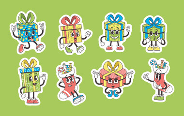 Set of Stickers Retro Groovy Style Gift Box Characters Radiates Nostalgia And Funky Flair. Cartoon Presents Personages