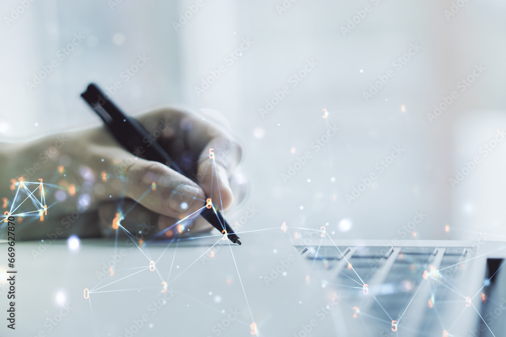 Poster creative concept of wireless technology and hand writing in notebook on background with laptop. big 