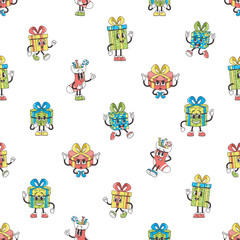Groovy Christmas Gifts Seamless Pattern Featuring Funky Characters, Vibrant Colors, And Retro Vibes, Tile Background