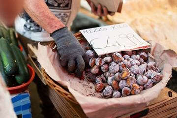 Close-up of a vendor's gloved hand selecting roasted chestnuts (caldarroste) from a basket at an...