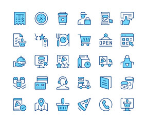 Food delivery icons. Vector line icons set. Order food, express shipping, fast food, courier, grocery store, online delivery service concepts. Black outline stroke symbols