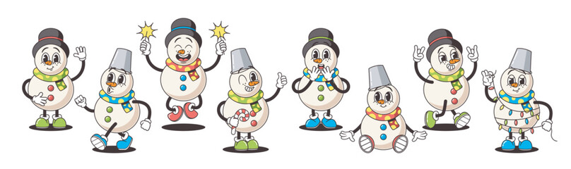 Cartoon Snowmen Characters In Retro Style Exude Timeless Charm With Carrot Noses, Coal Eyes, And Old-fashioned Scarves