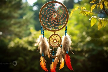 A traditional dream catcher with feathers and ornaments symbolizes Native American culture. Generative AI