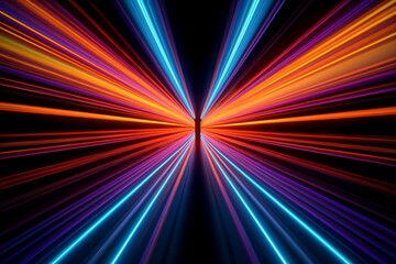 Tunnel of vibrant neon lights with blue, turquoise, and orange stripes, creating an abstract and futuristic ambiance. Generative AI