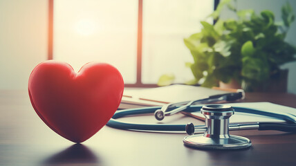 Stethoscope and red heart at the desk, health, and medical care concept
