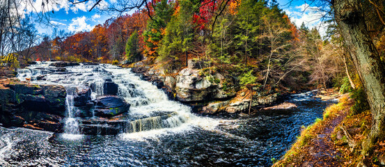 Shohola Falls panorama in the Poconos, Pennsylvania. Shohola Creek is a tributary of the Delaware River in the Poconos of eastern Pennsylvania in the United States - 669629629