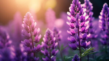 purple lupine flowers with beautiful atmospheric lighting on bright spring summer sunny day in nature - obrazy, fototapety, plakaty