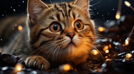 cat in the night, image of adorable cute chunky cat with Christmas background, generative ai