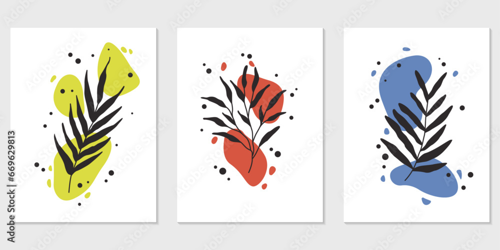 Poster triptych of foliage, abstraction, bright color against the background, silhouette of exotic castings