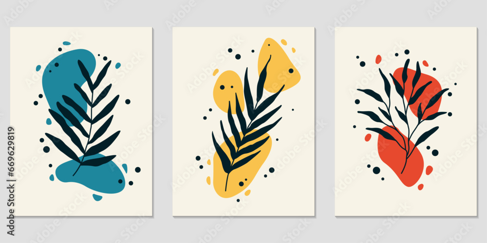 Poster unique hand drawn abstract floral background. leaves and branch on an abstract background. a set of 