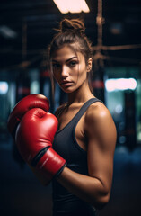 Portrait of female boxer wearing red gloves. Fitness young woman with muscular body preparing for boxing training at gym.