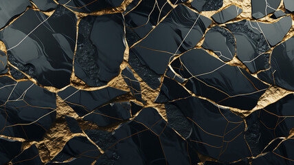 Black marble and agate mosaic with golden veins, Japanese kintsugi technique, fake painted artificial stone texture, marbled wallpaper