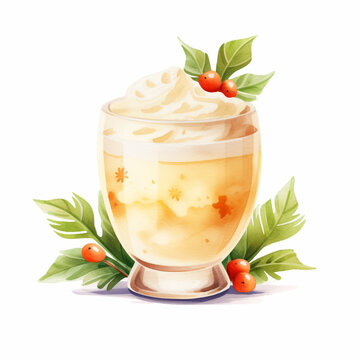 SCANDI - Watercolour Collection { No4 } - Christmas Eggnog Drink Collection. Hand Painted Cute Naive Scandinavian Folk Art Xmas Hot Late Cocktail Isolated on White Background. Generative AI