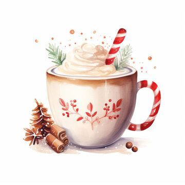 SCANDI - Watercolour Collection { No4 } - Christmas Hot Cocoa Chocolate Collection. Hand Painted Cute Naive Scandinavian Folk Art Xmas Sweet Warm Drink Isolated on White Background. Generative AI