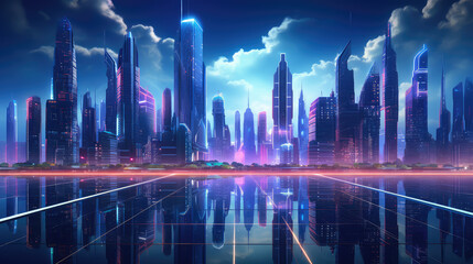 Futuristic city with neon lights.