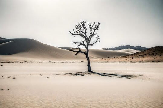 a minimalist, monochromatic image featuring a solitary tree in a vast, empty desert.