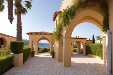 Traditional mediterranean white architecture with arch. Summer vacation concept. AI Generated